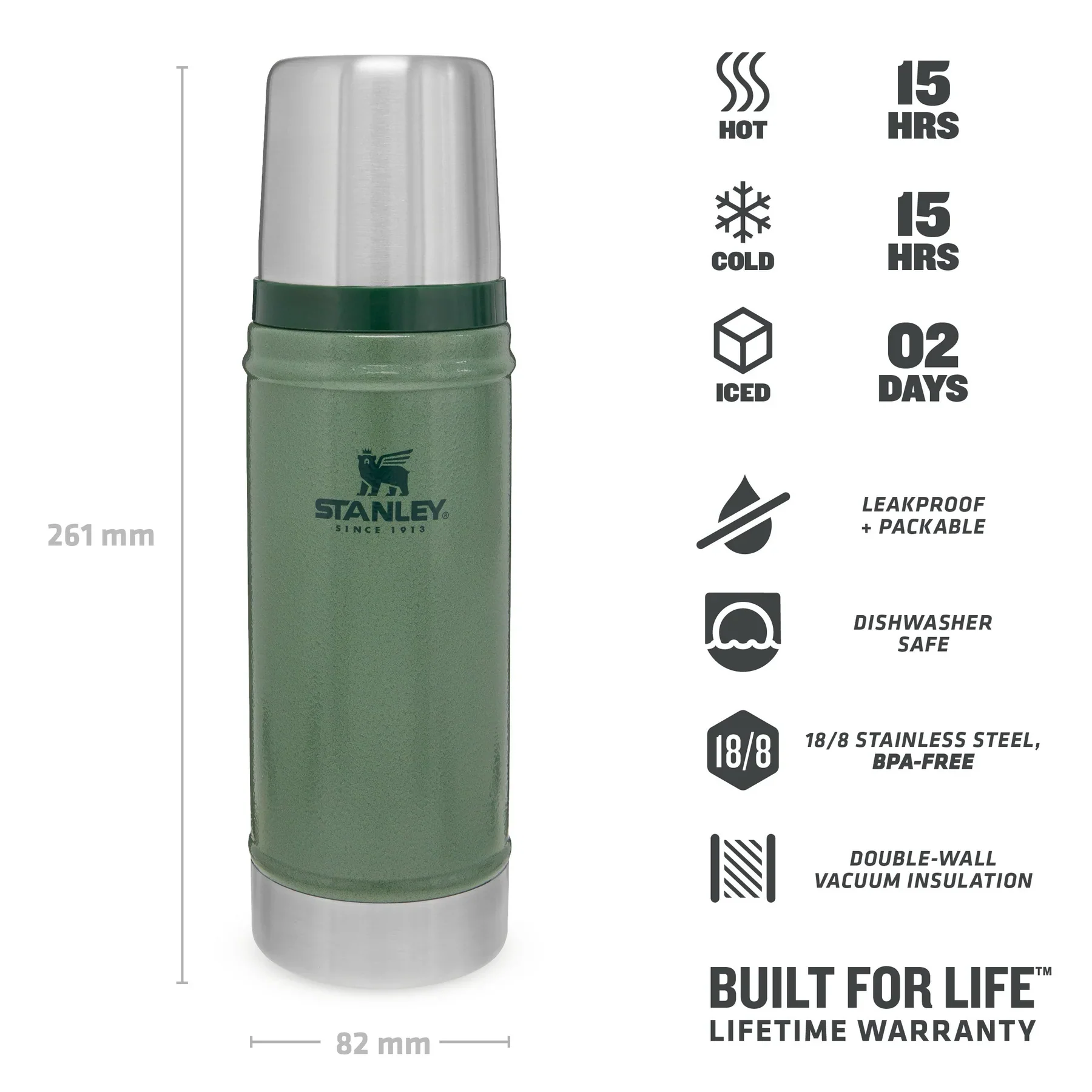 Stanley Flask Classic Vacuum Bottle 0.47L Hammertone Green - Image 3
