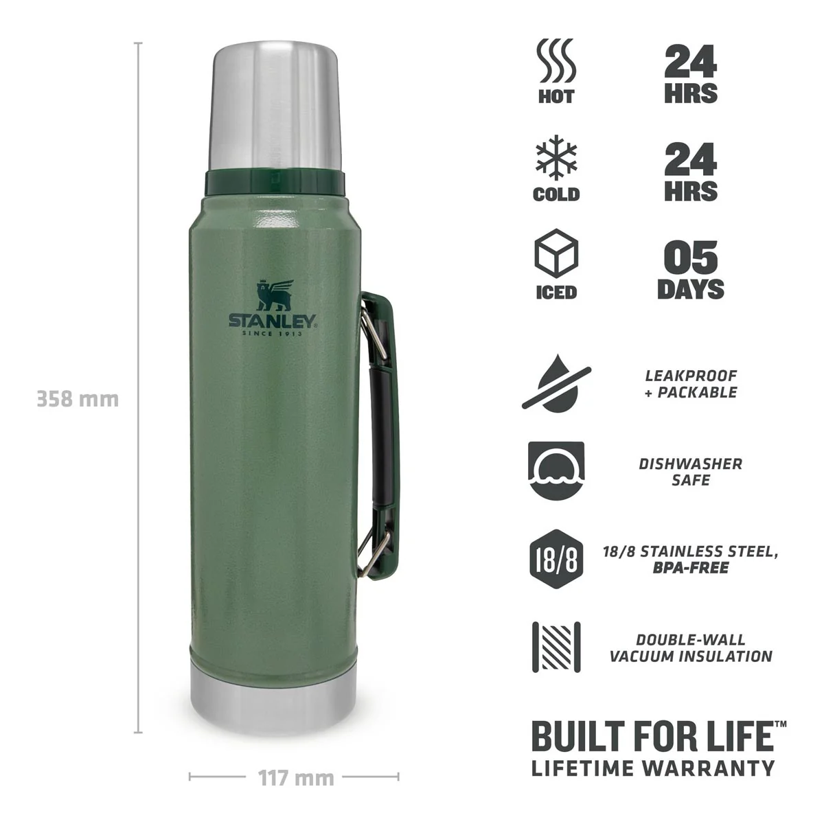 Stanley Legendary Flask Classic Vacuum Bottle 1L Hammertone Green - Image 3